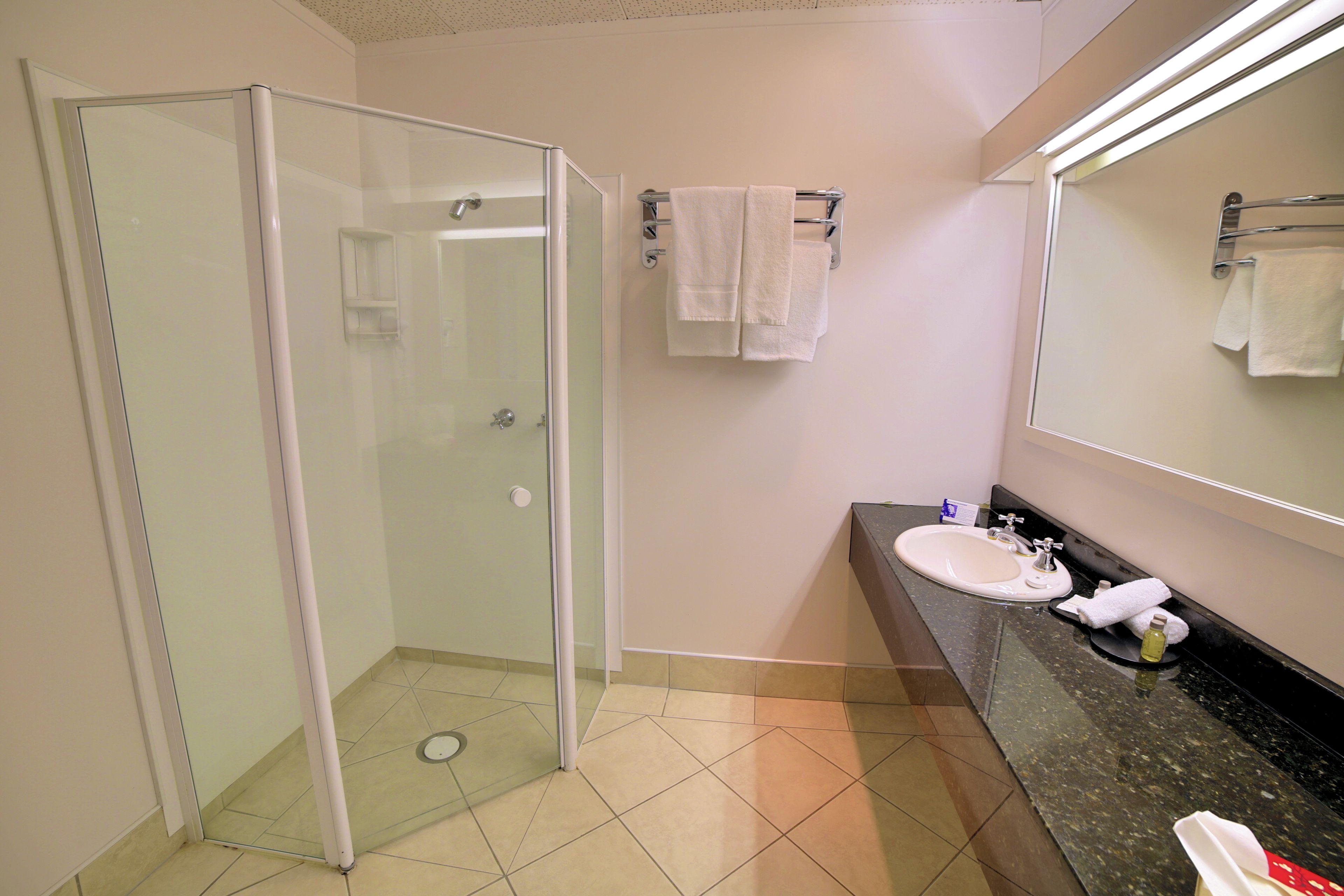 A bathroom with a glass-enclosed shower, a sink with a mirror, and a towel rack.
