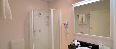 A bathroom with a glass-enclosed shower, a white sink, and a large mirror.