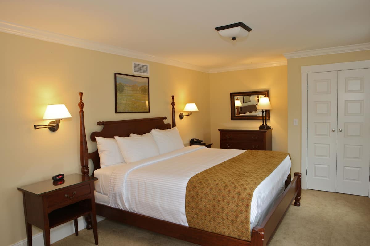 A neatly made bed with a wooden frame, two bedside tables with lamps, a nightstand, a wall-mounted mirror, and a door with a simple design.