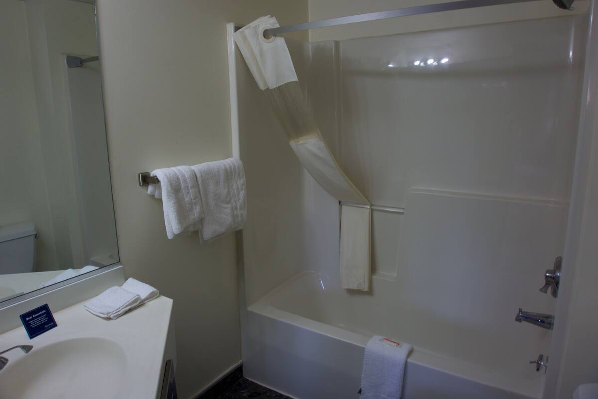 Combined shower/tub, free toiletries, hair dryer, towels