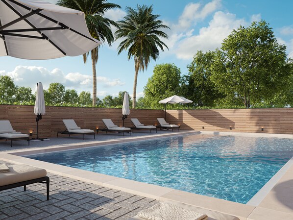 Outdoor pool, pool umbrellas, pool loungers