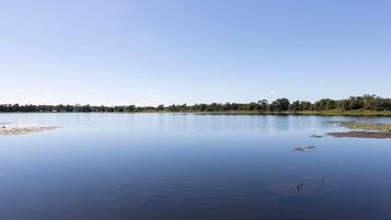 Un lago tranquilo con cielo despejado y una lejanísima línea de árboles.