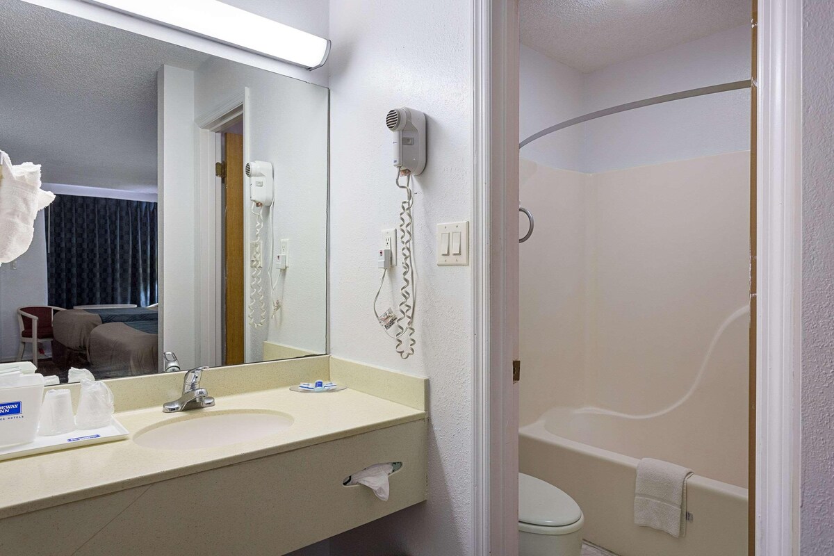 A hotel bathroom with a sink, mirror, hairdryer, and a toilet.