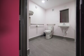 Bathroom features a toilet, sink, and mirror, with a towel rack and handrail for added convenience.