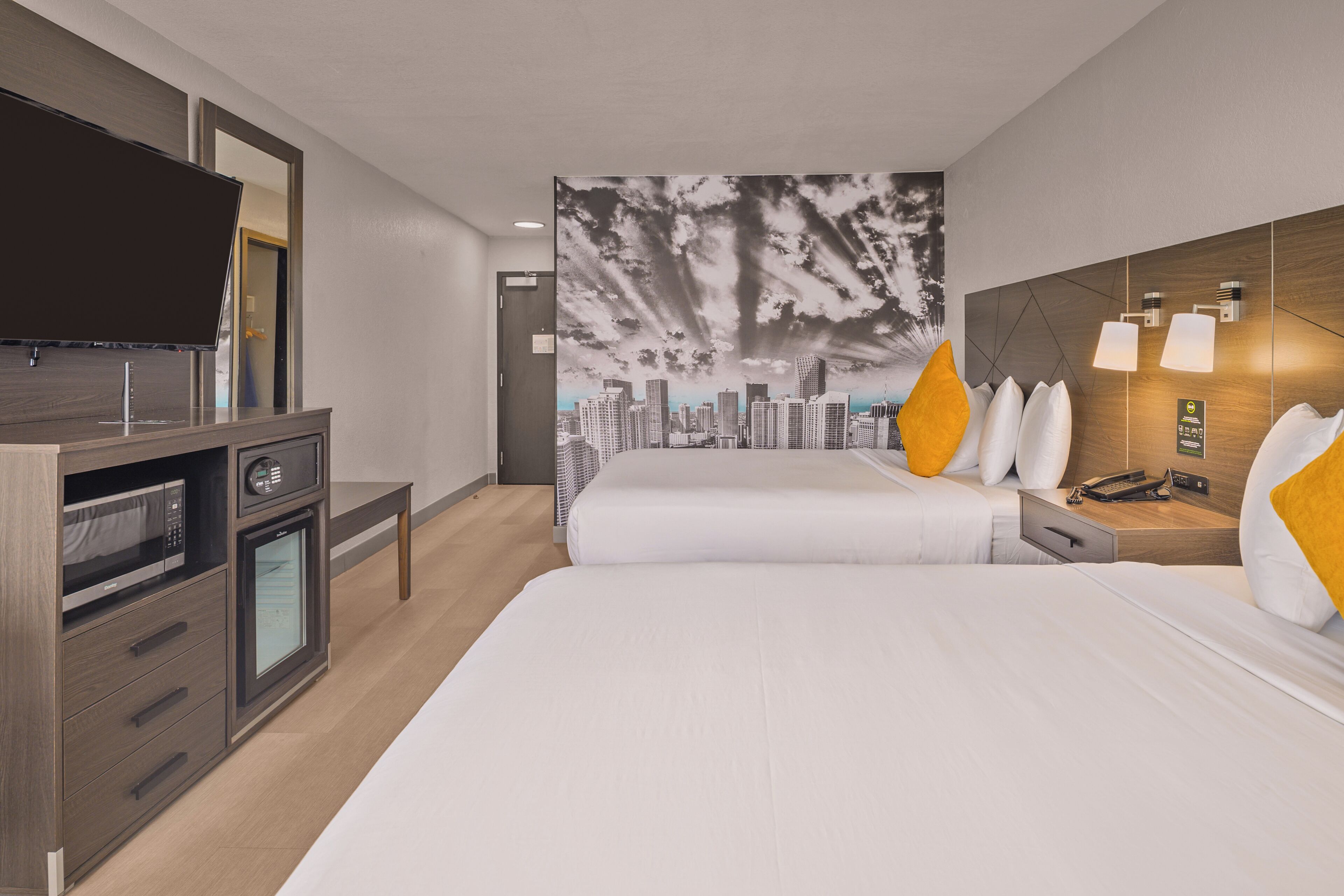 Standard Room, 2 Queen Beds, Non Smoking | In-room safe, desk, laptop workspace, soundproofing