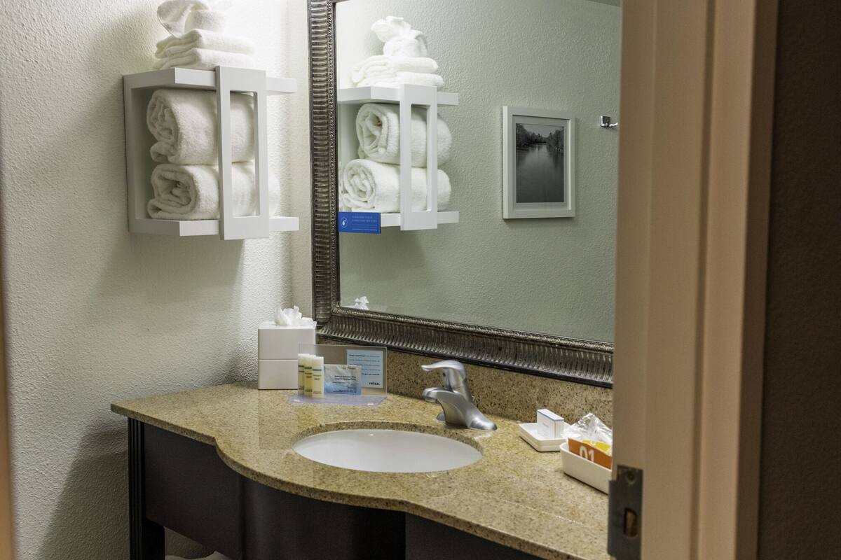 free toiletries, hair dryer, towels