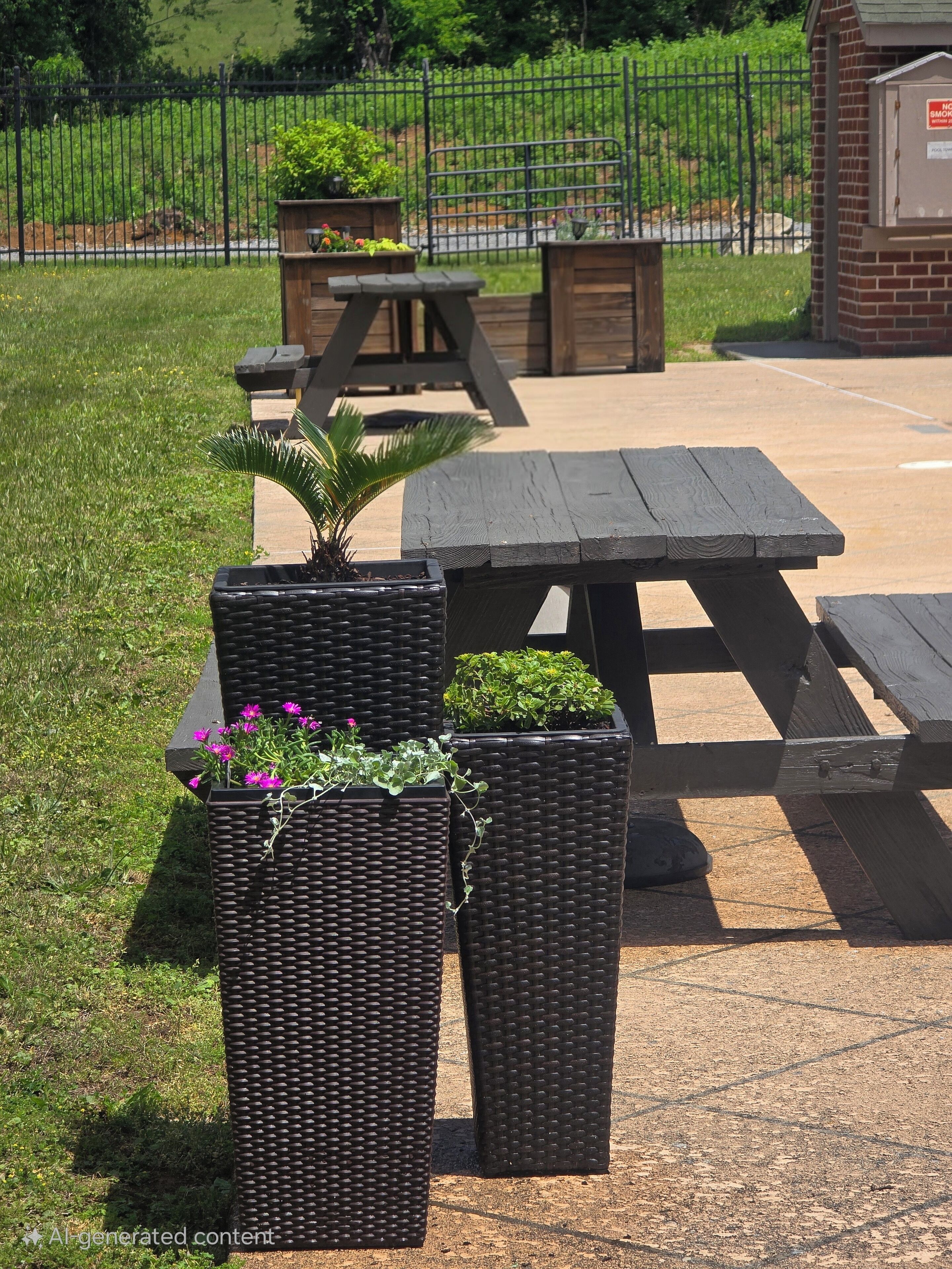 A picnic area with a wooden table and benches, surrounded by a black fence.