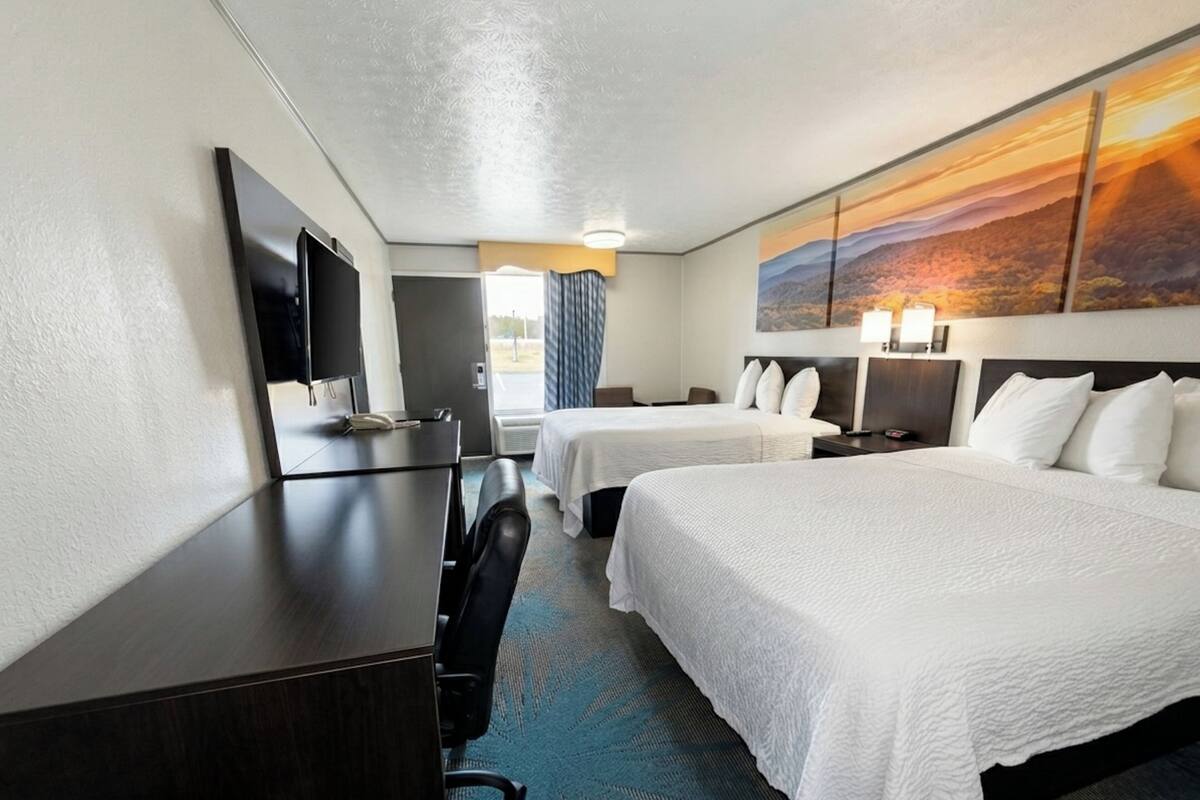 Habitación de hotel con escritorio, dos camas, televisor y un cuadro de un atardecer.