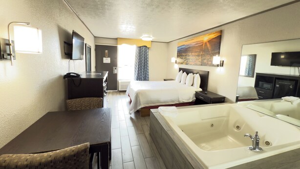 Habitación de hotel con cama, escritorio, silla, bañera grande y televisión.