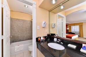 Bathtub, free toiletries, hair dryer, towels