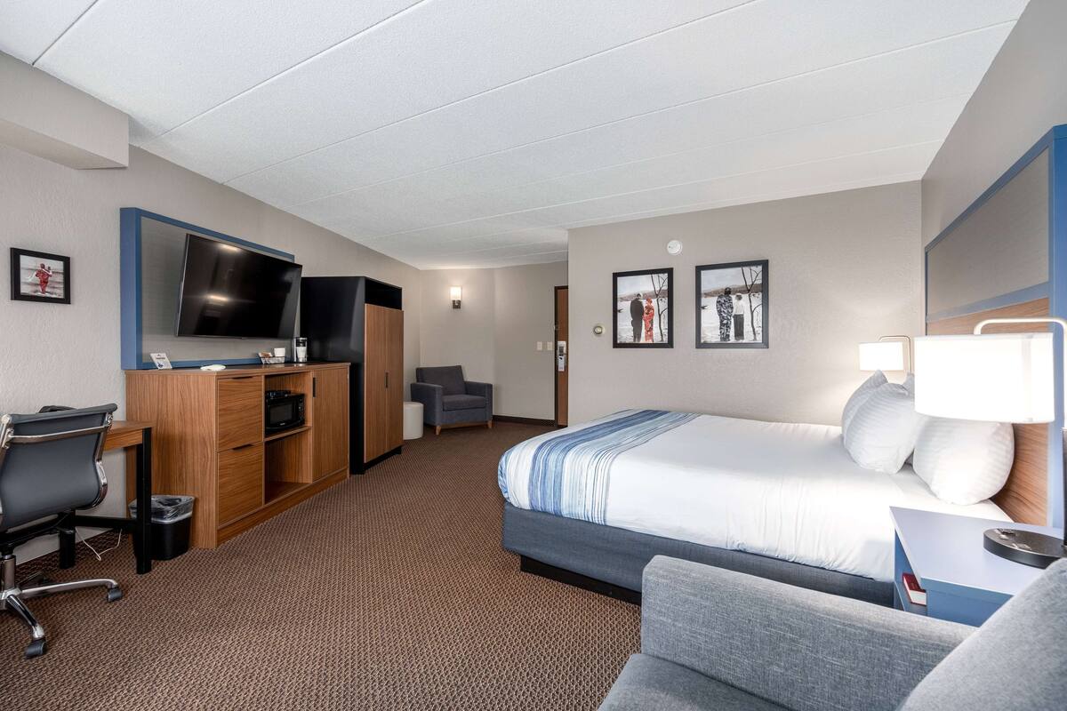 A hotel room with a bed, desk, chair, TV, and artwork on the walls.