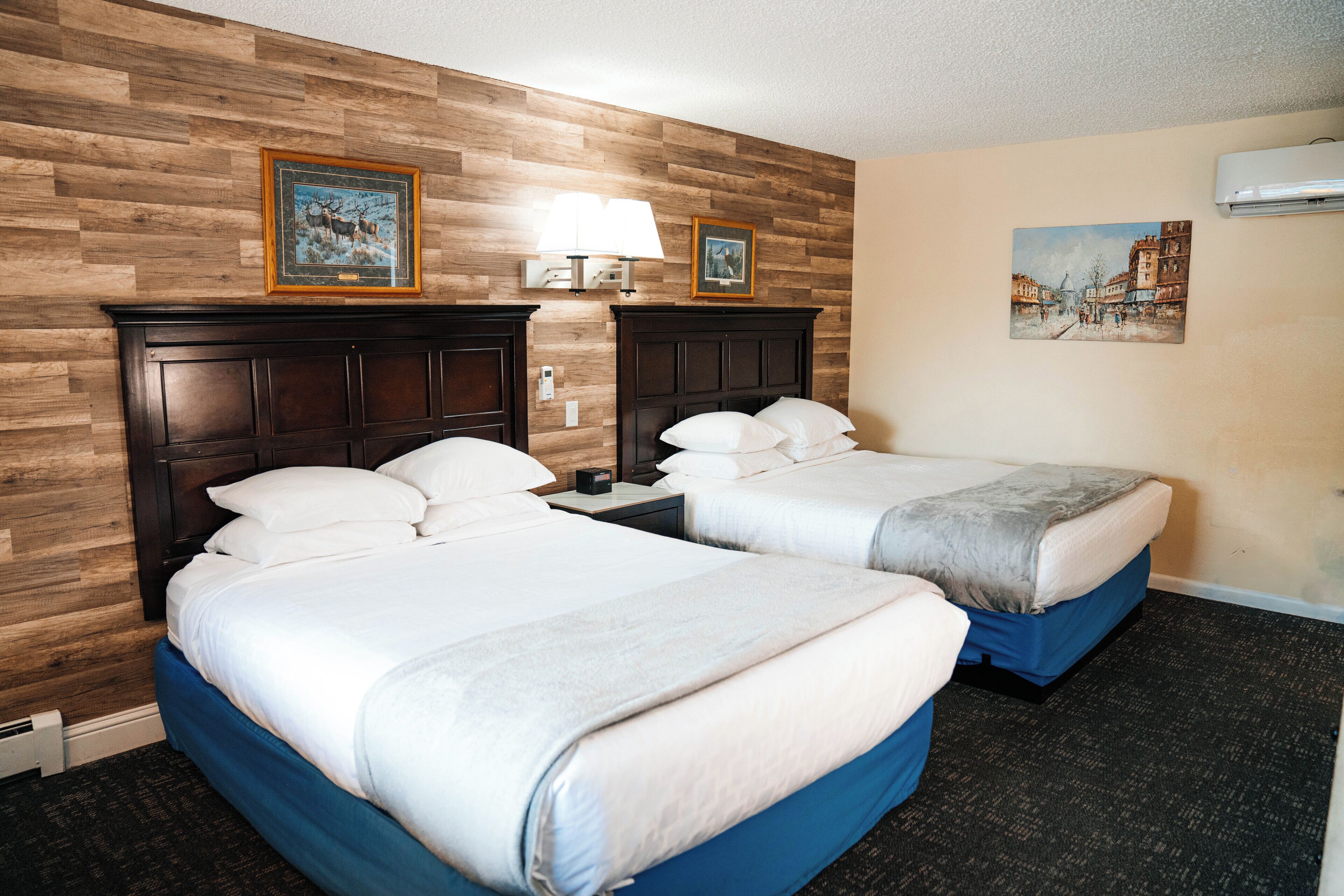 Una habitación de hotel con dos camas, paneles de madera en las paredes, un cuadro y un equipo de aire acondicionado.