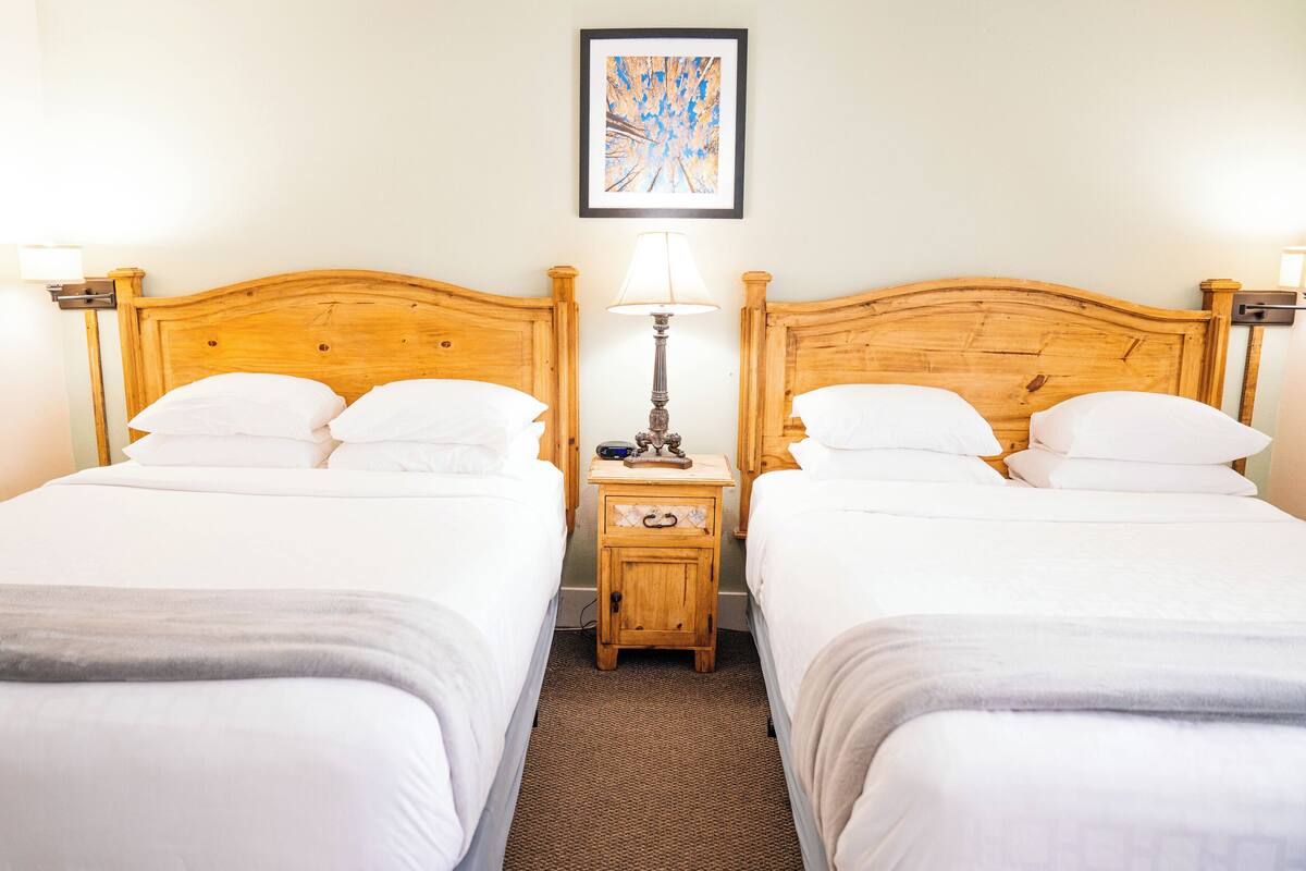 A hotel room with two single beds, a nightstand with a lamp, and a framed picture on the wall.