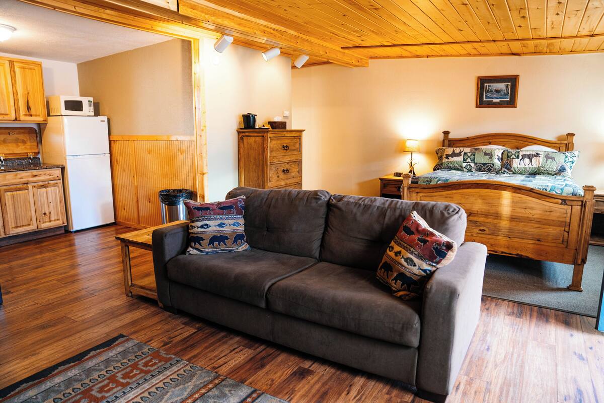A cozy room with a wooden ceiling, a bed with patterned bedding, a sofa with decorative pillows, a small table, and a kitchen area with a microwave and refrigerator.
