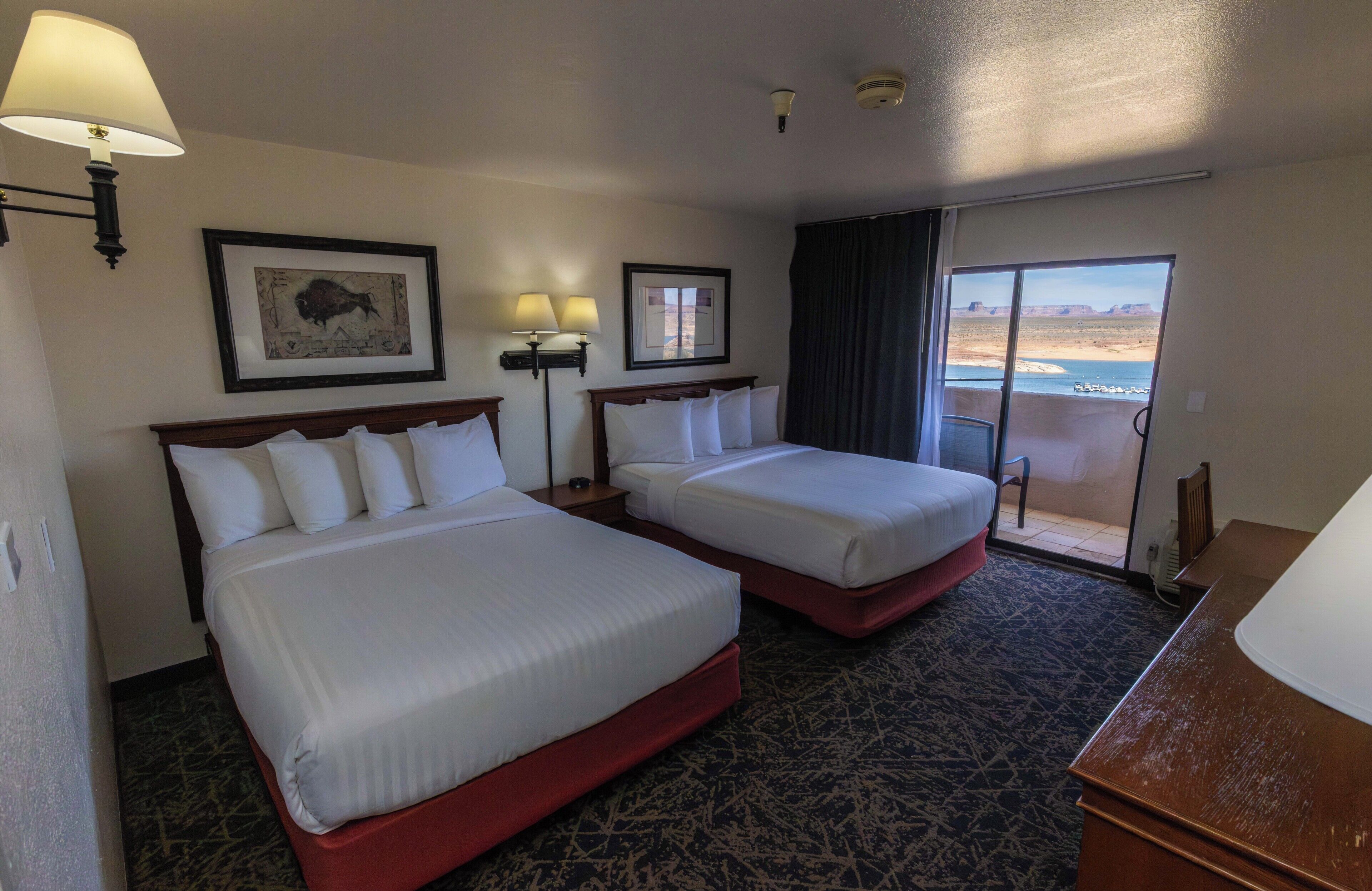 View, Two Queen Beds, Non-Smoking | Desk, soundproofing, iron/ironing board, bed sheets