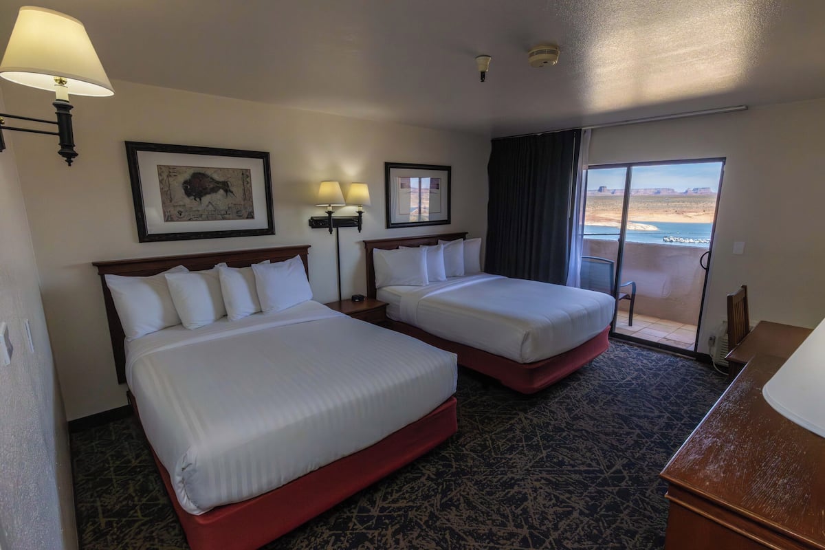 View, Two Queen Beds, Non-Smoking | Desk, soundproofing, iron/ironing board, bed sheets