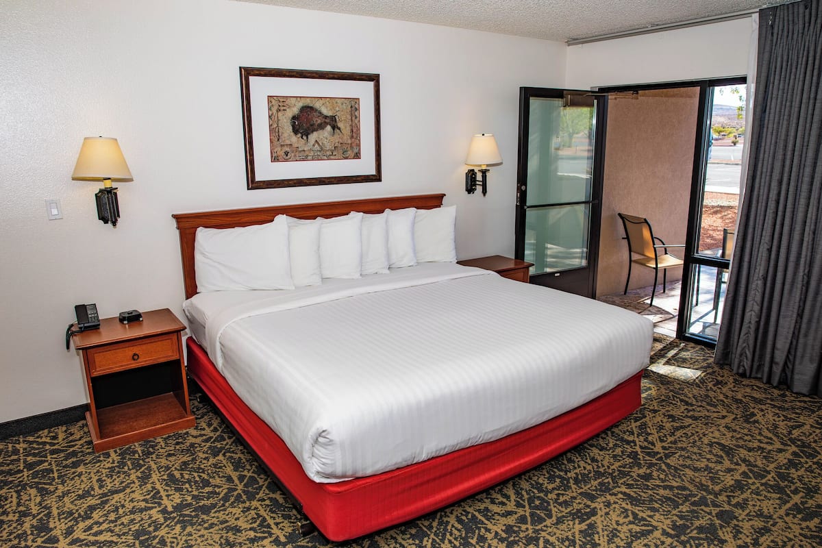 A hotel room with a large bed, two bedside lamps, a framed picture on the wall, and a view of the outdoors through a glass door.