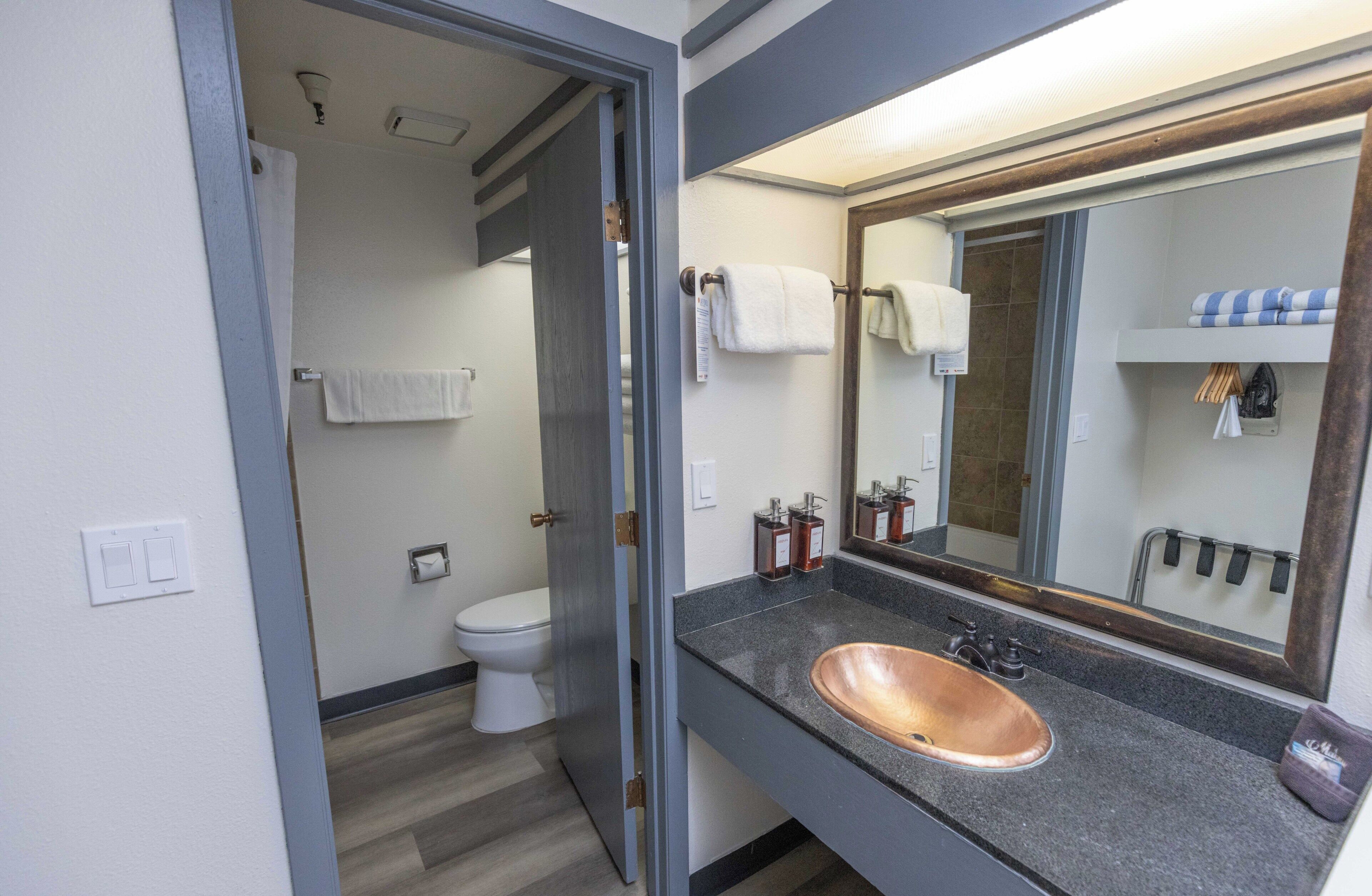 Un bagno con lavandino in legno, un water, un portasciugamani e uno specchio.