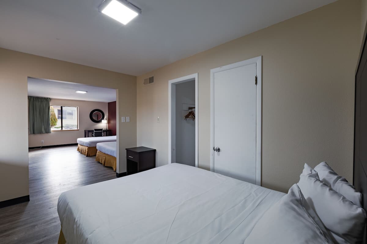 A hotel room with a large bed, a bedside table, a wardrobe, and a view of another room.
