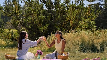 To personer sidder på et tæppe udendørs, holder glas, med et picnic-setup der inkluderer en kurv, en flaske og blomster.