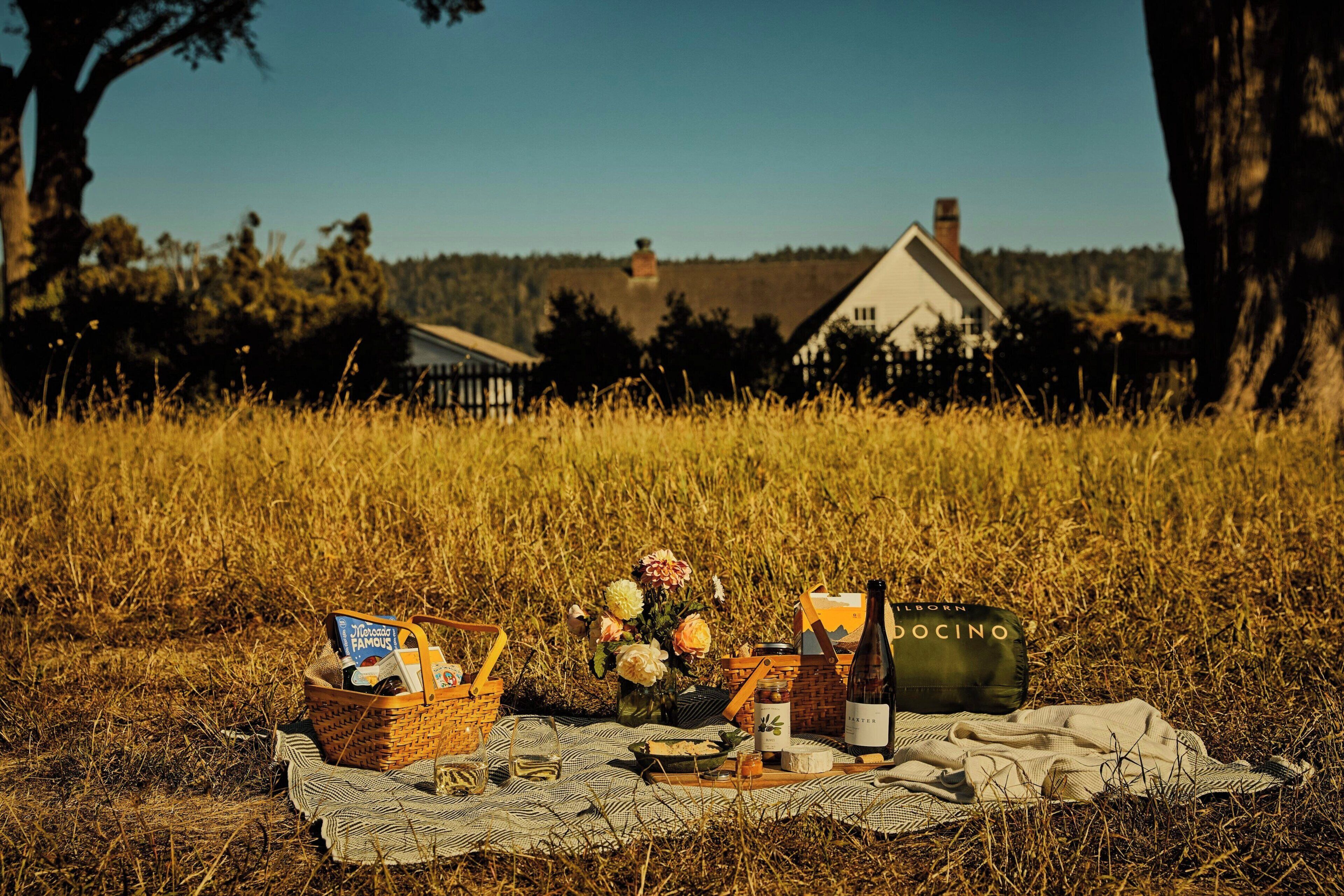 A picnic setup in a field with a house in the background.