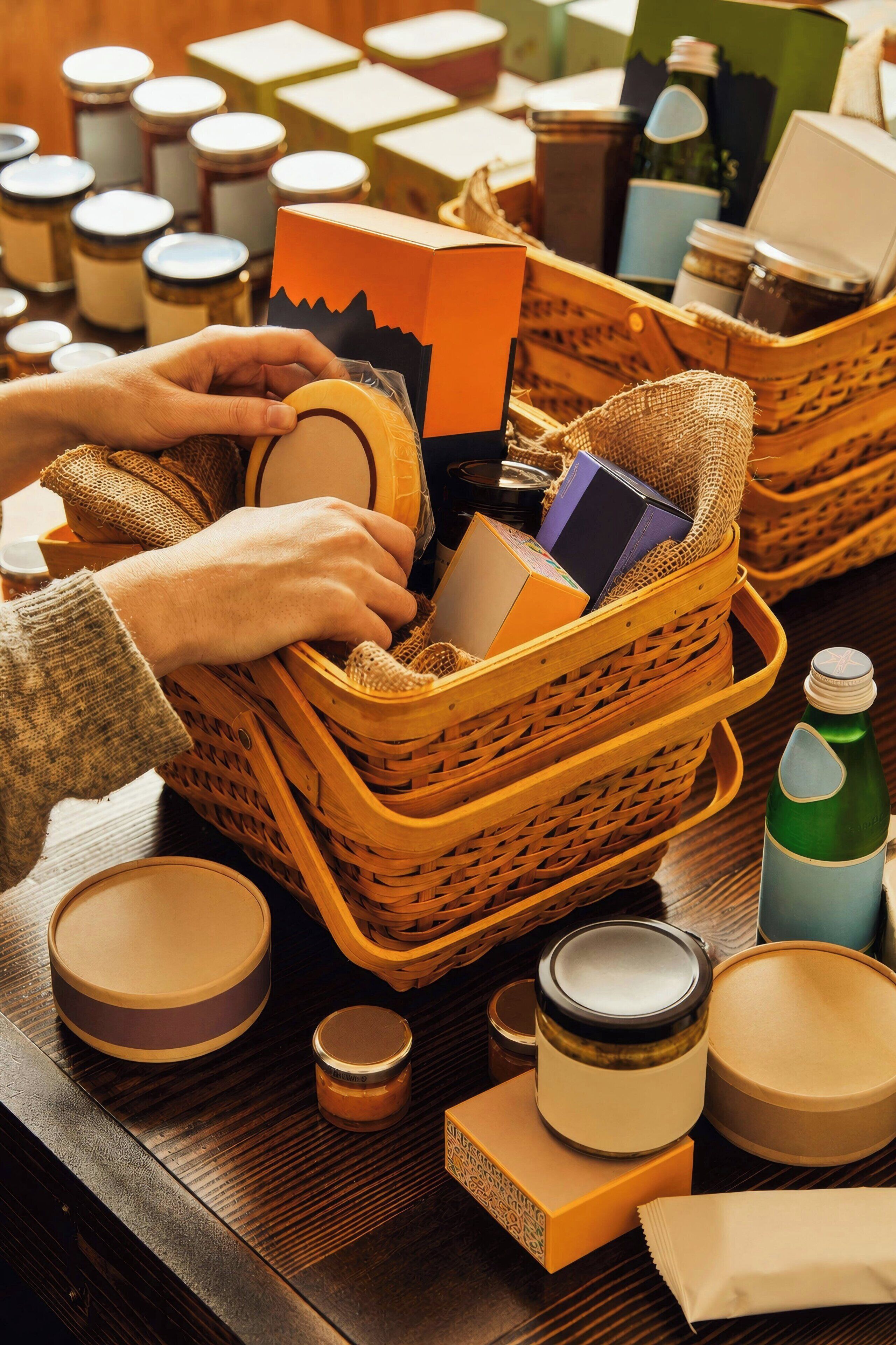 A wooden table with woven baskets containing various items, including jars, boxes, and a green bottle.