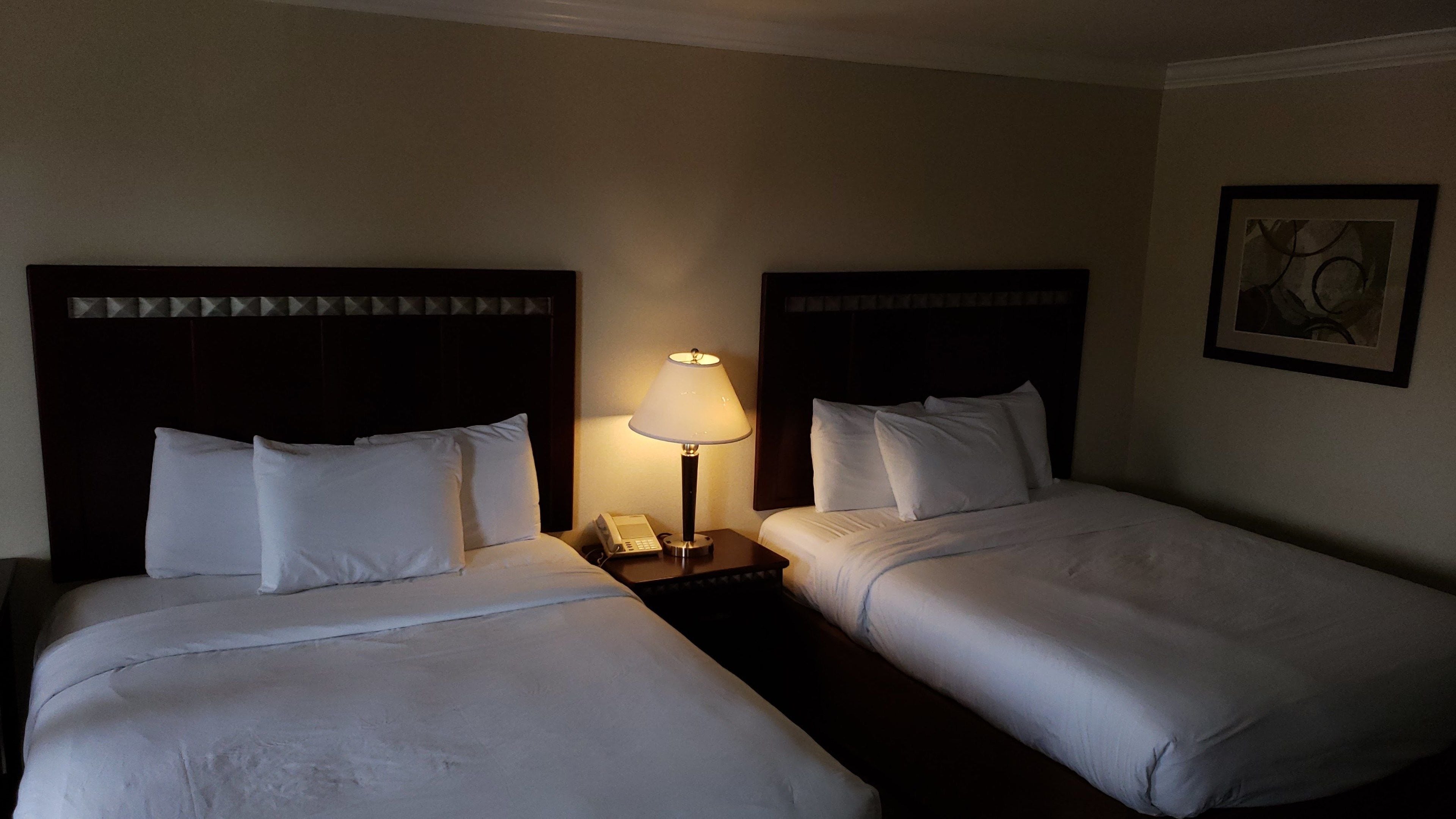 Habitación de hotel con dos camas individuales, una mesita de noche con lámpara y un cuadro en la pared.