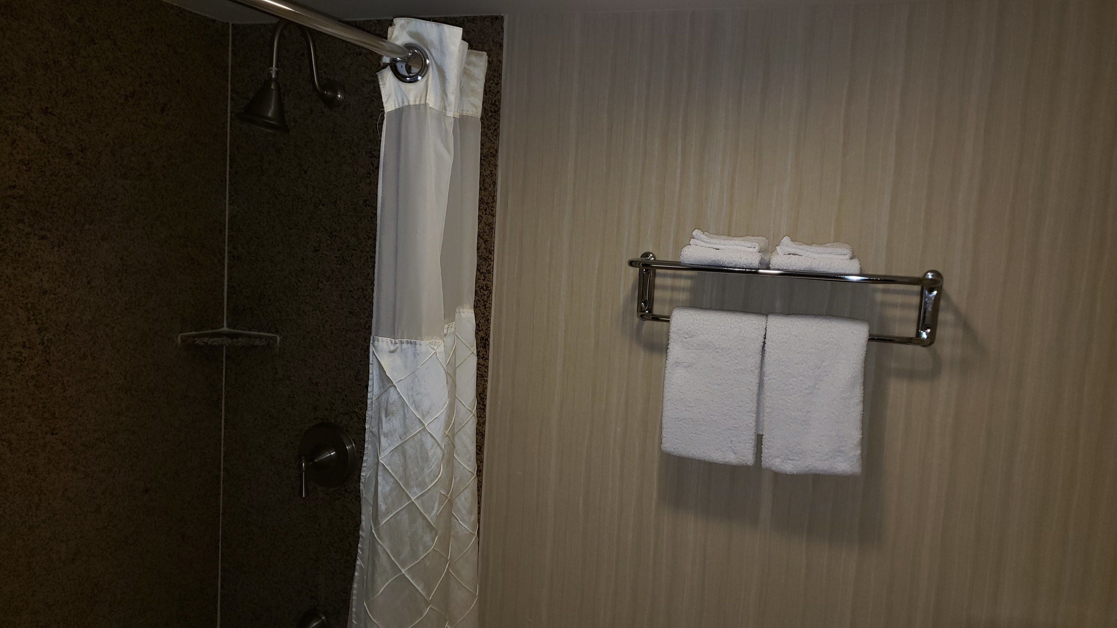 Un bagno con doccia, un portascopevoli con due asciugamani e una tenda.