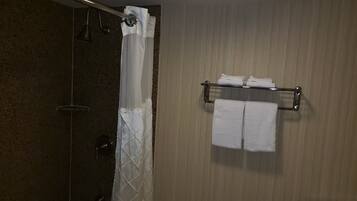 Un bagno con doccia, un portascopevoli con due asciugamani e una tenda.