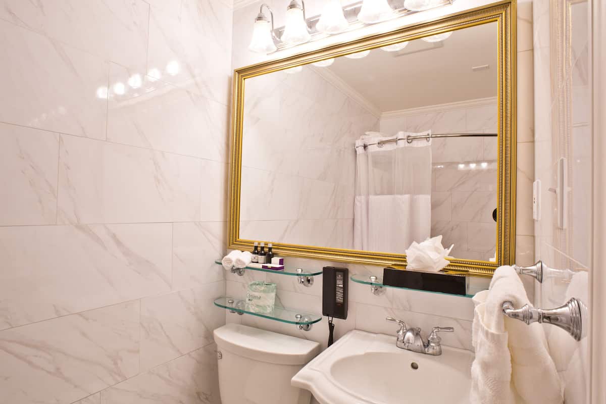 combined shower/bathtub, designer toiletries, hair dryer, towels