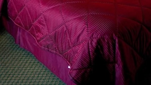 Ein Hotelzimmer mit Bett, Kissen, Nachttisch, Lampe und einem gerahmten Bild an der Wand.
