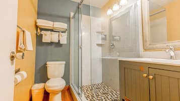 A bathroom with a toilet, a shower with a glass door, a sink, and a mirror.