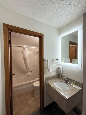 Combined shower/bathtub, free toiletries, hair dryer, towels