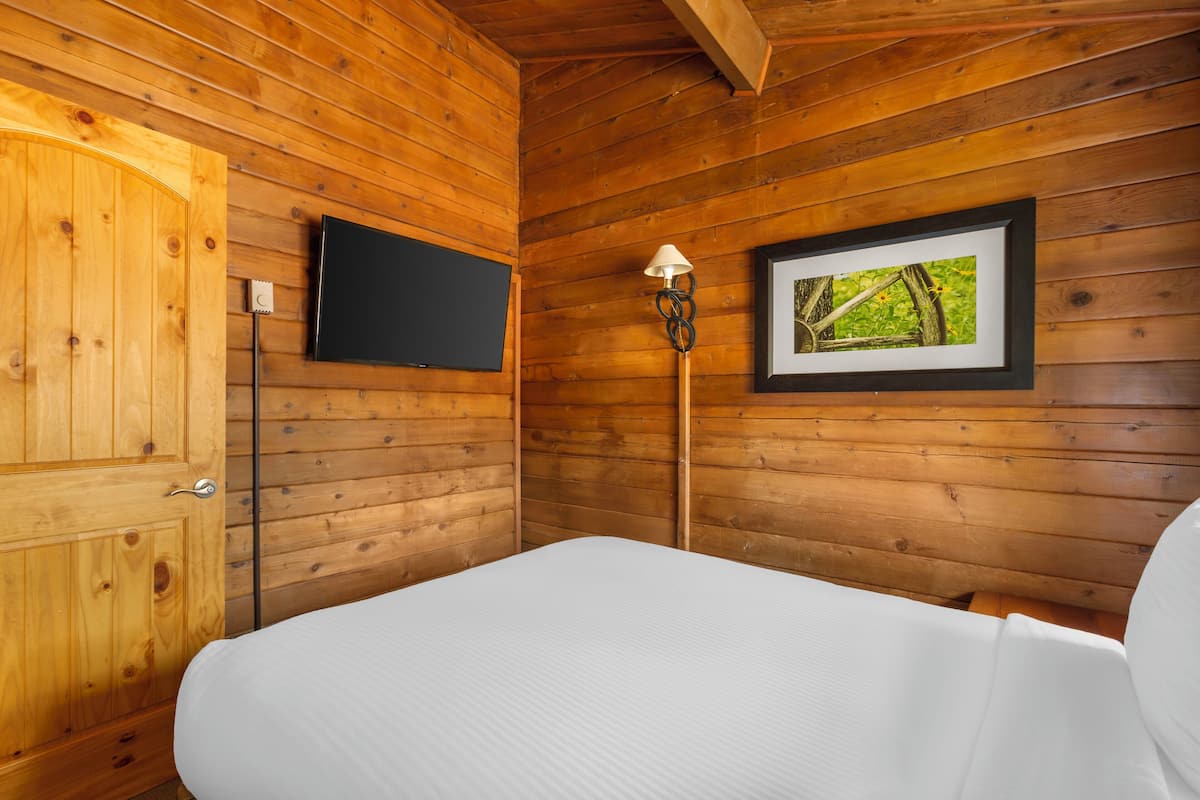 A wooden cabin room with a bed, a mounted TV, and a framed picture on the wall.