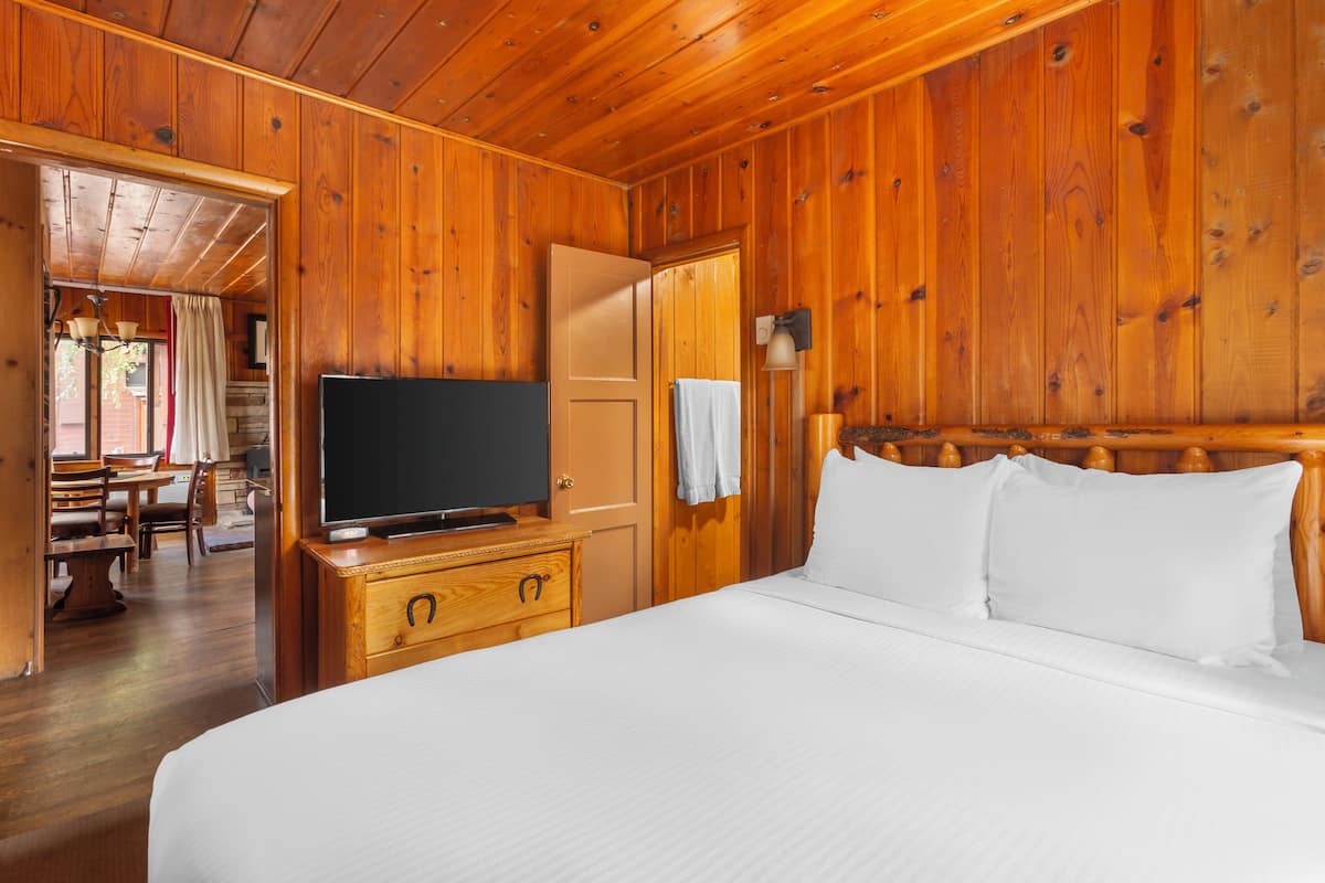 A wooden-paneled room with a bed, a television, and a wooden dresser.