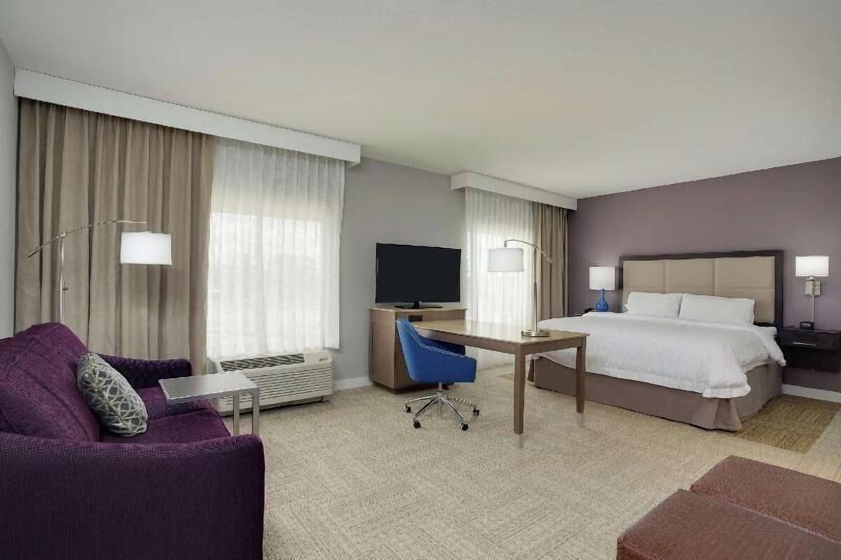 A hotel room with a bed, a desk, a television, a sofa, and a chair.