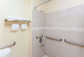 Combined shower/bathtub, free toiletries, hair dryer, towels