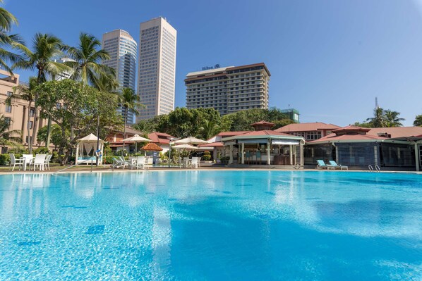 Outdoor pool, pool umbrellas, pool loungers