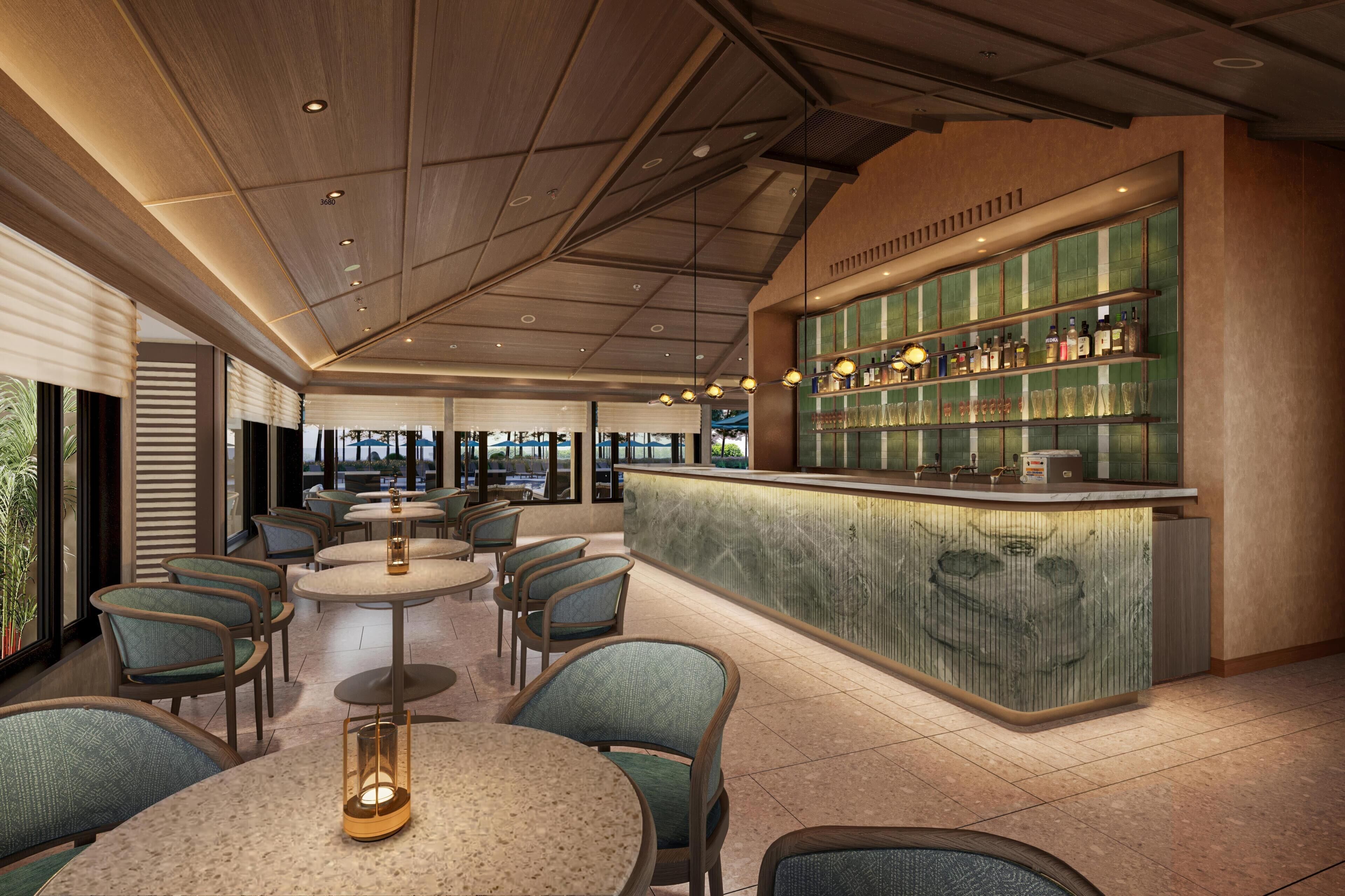 A modern bar area with round tables and chairs, a bar counter with shelves of bottles, and a large window providing a view.