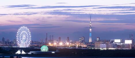 A cityscape with a prominent tower, a large illuminated wheel, and a dome structure.