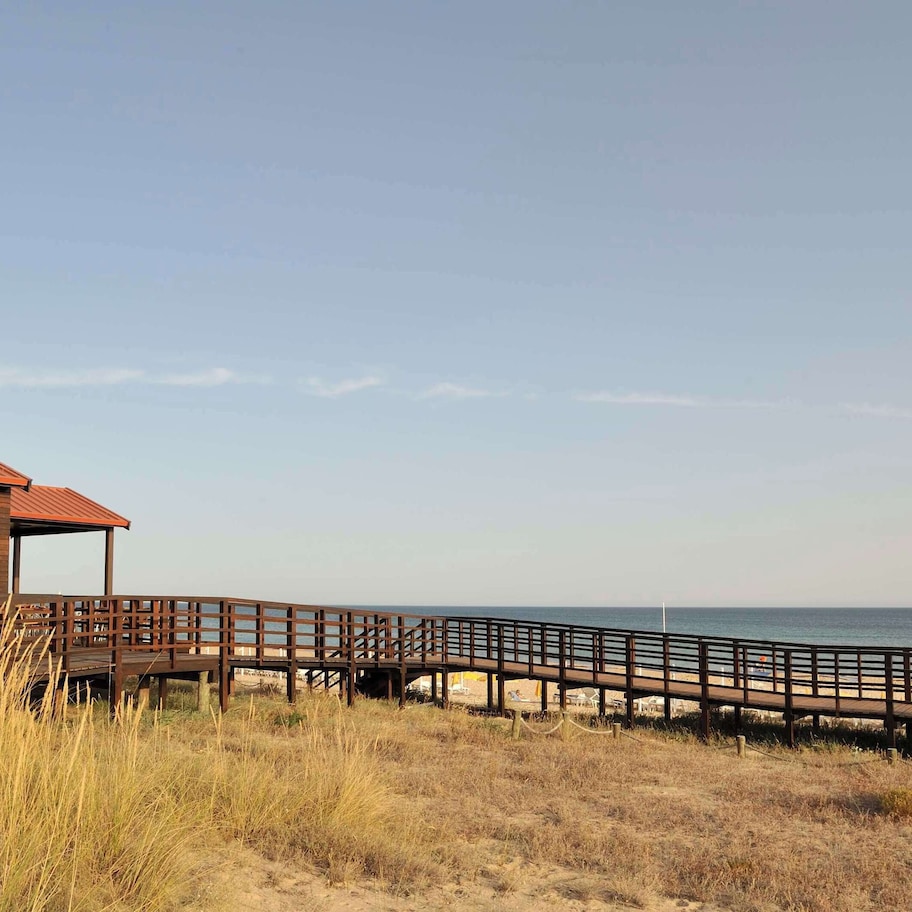 A wooden building with a metal roof near a beach, connected by a wooden boardwalk.