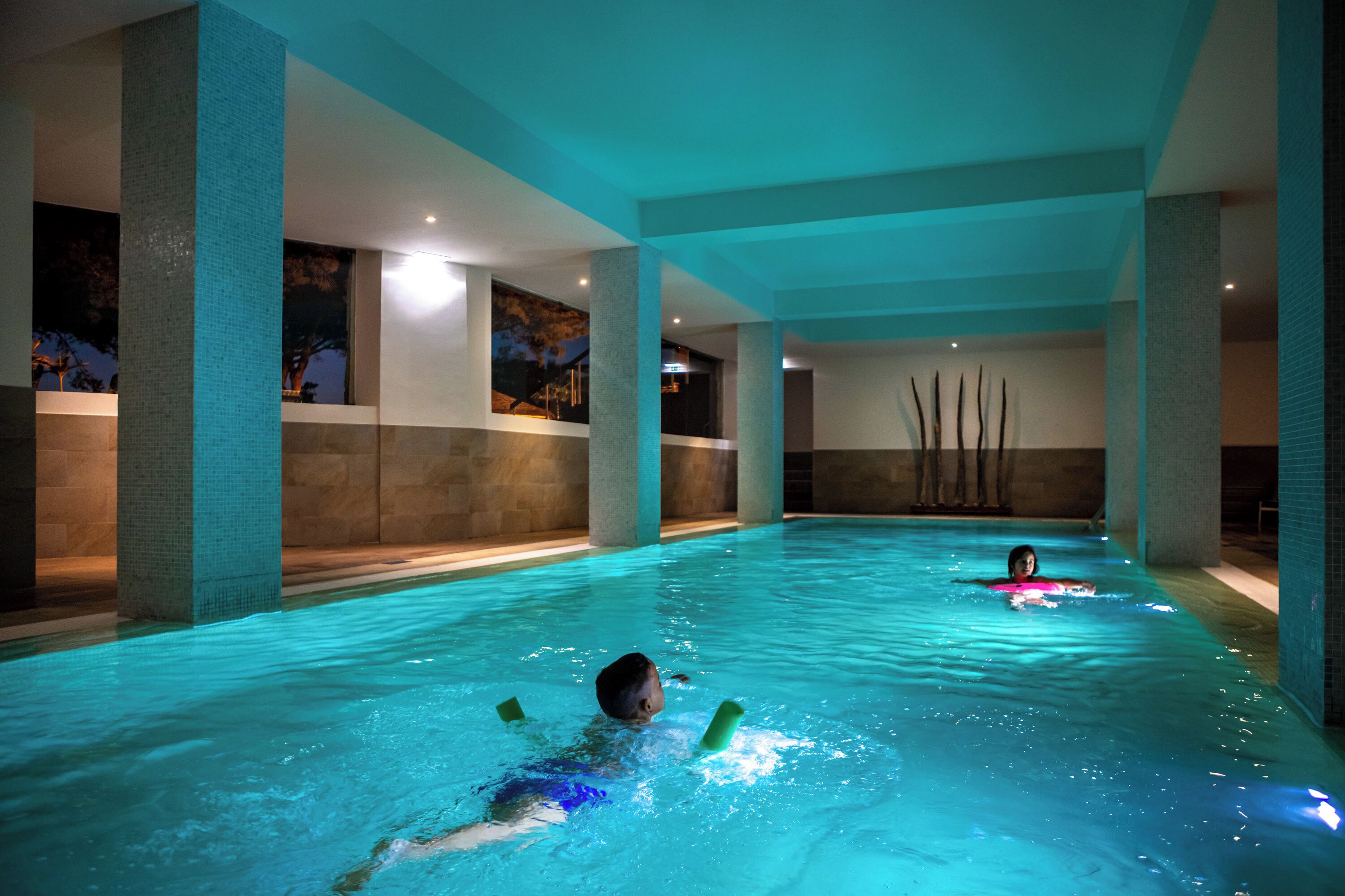 indoor pool, outdoor pool, pool loungers