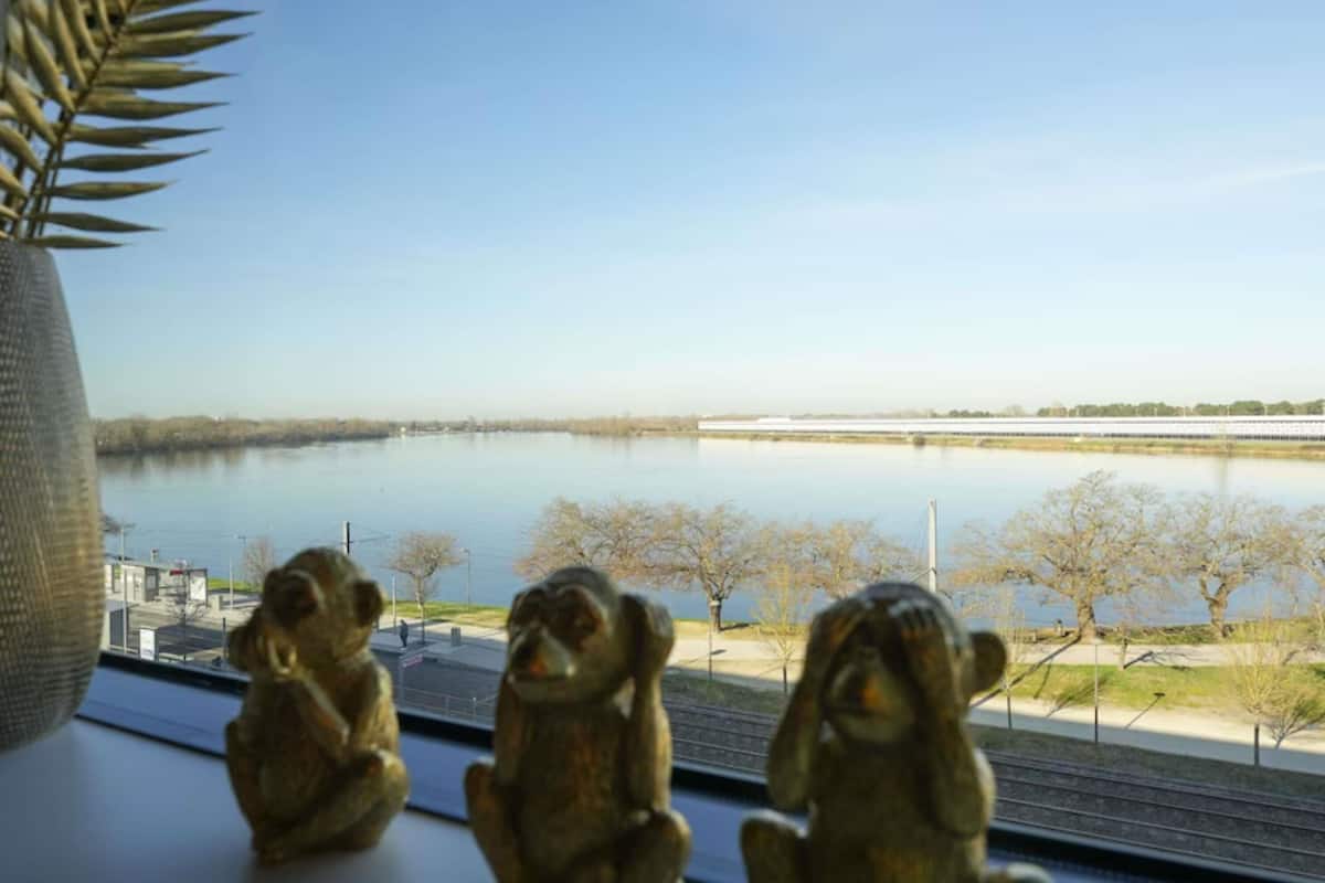 Vista a través de una ventana con tres figuritas de monos en el alféizar, que da a una masa de agua tranquila y una costa lejana.