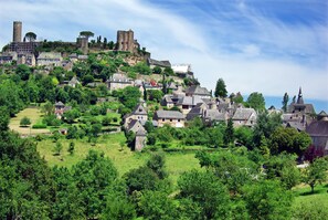 Un pueblo histórico con arquitectura medieval, incluyendo torres y un castillo en una colina.