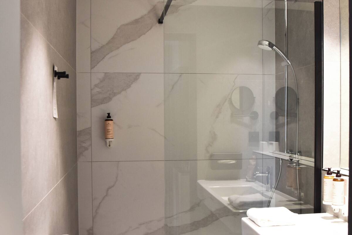 eco-friendly toiletries, hair dryer, towels, toilet paper