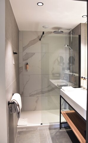 Eco-friendly toiletries, hair dryer, towels, toilet paper