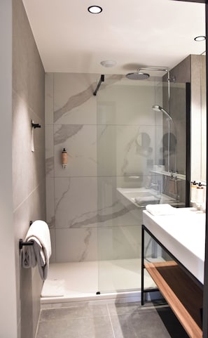 Eco-friendly toiletries, hair dryer, towels, toilet paper