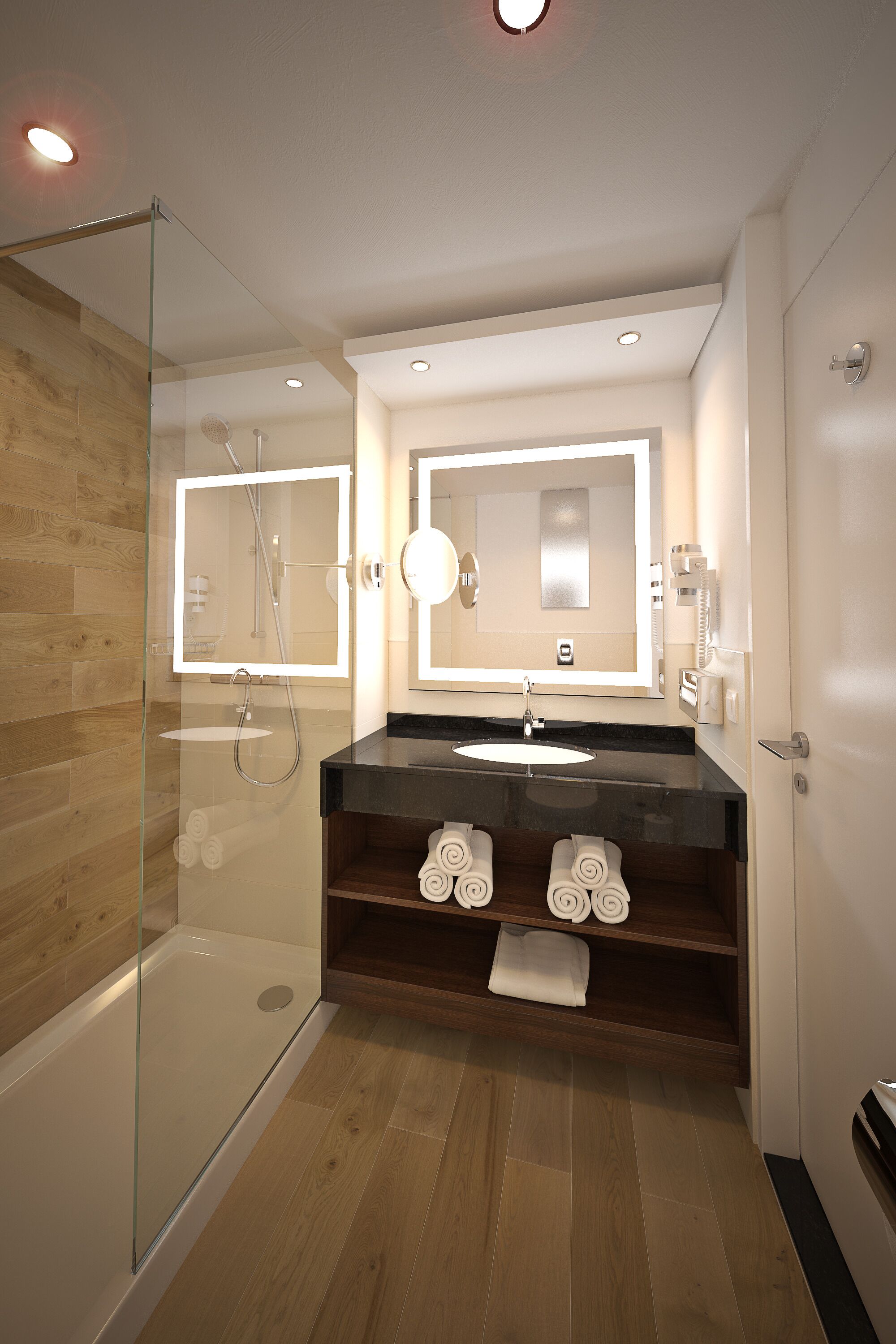 Een moderne badkamer met een douchecabine van glas, een houten wastafelmeubel, een grote spiegel en een ingebouwde handdoekhouder.