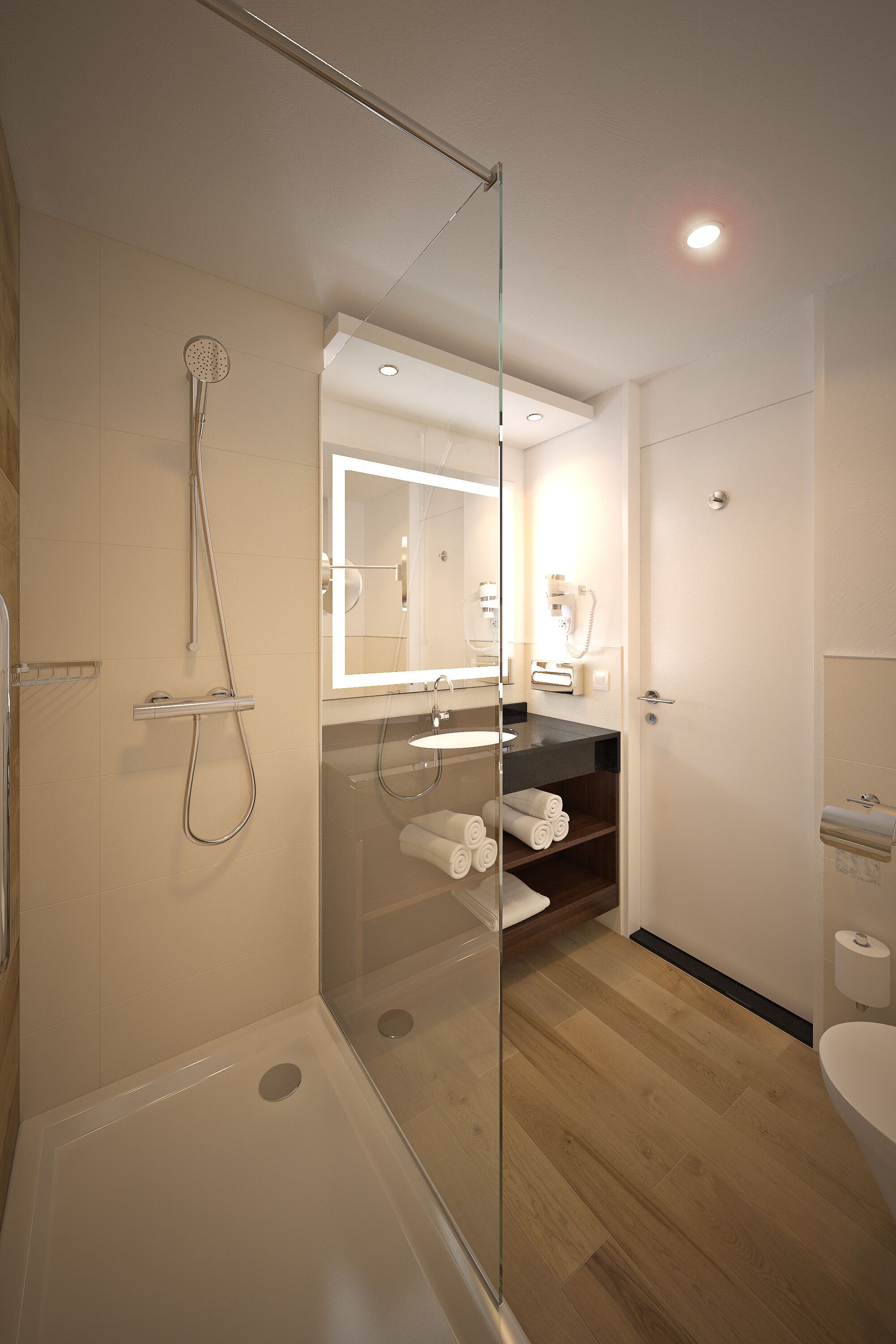 A modern bathroom with a glass shower enclosure, a wooden floor, a large mirror, and a built-in sink.
