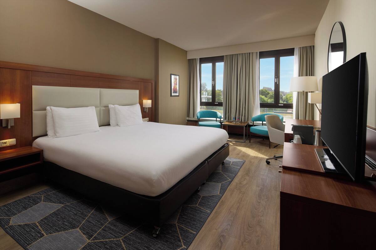A hotel room with a large bed, a desk with a TV, a chair, and a view of the outdoors.